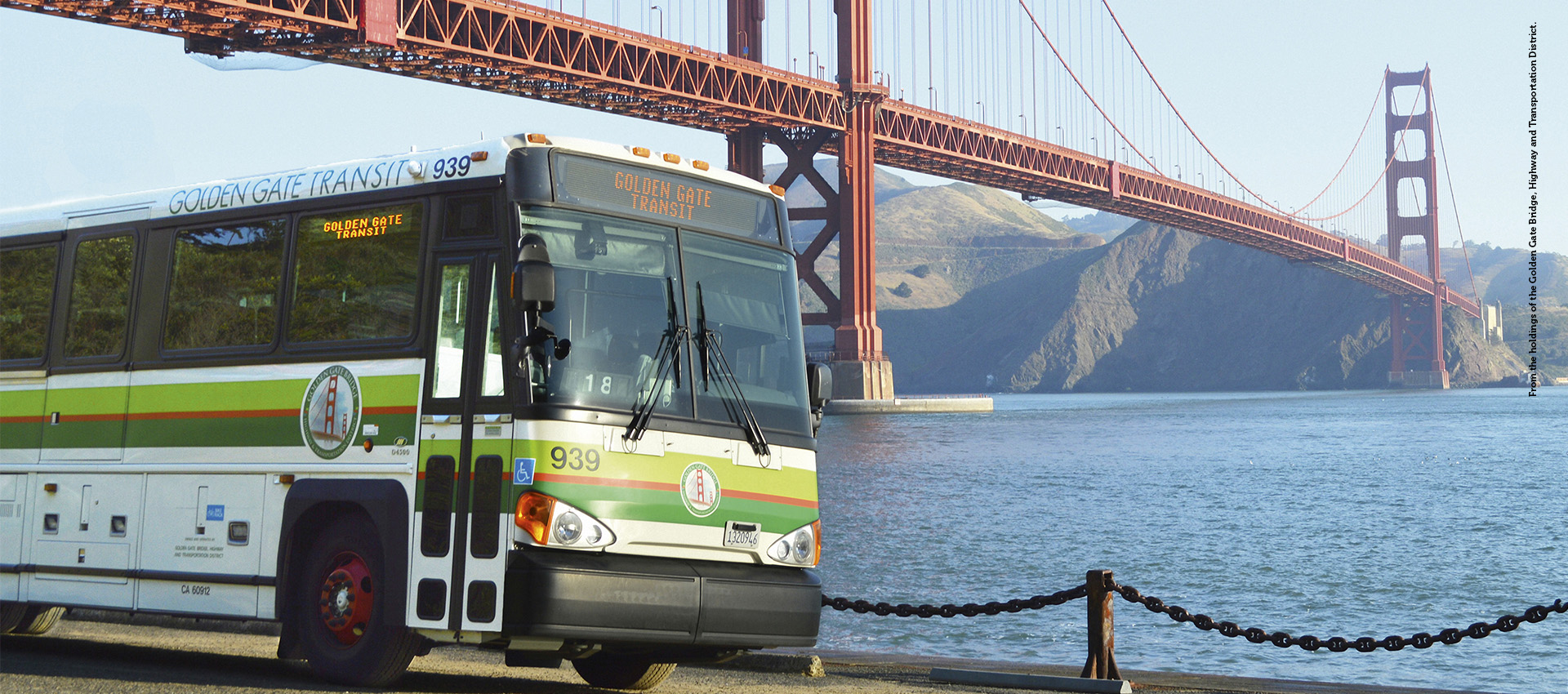 Public transit bus in front of Golden Gate Bridge.