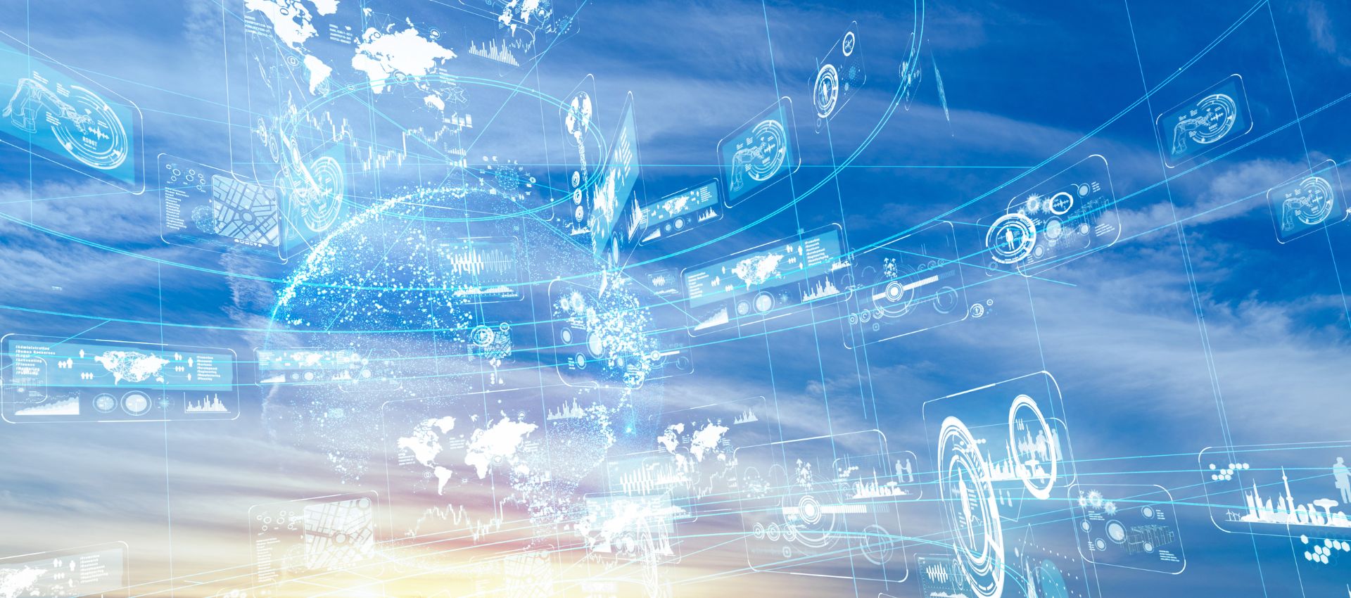 Clouds overlaid with blue sky and white tech-inspired light.