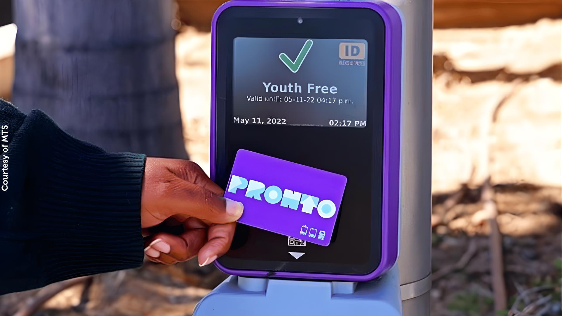 Person off camera tapping a PRONTO fare card on a validator